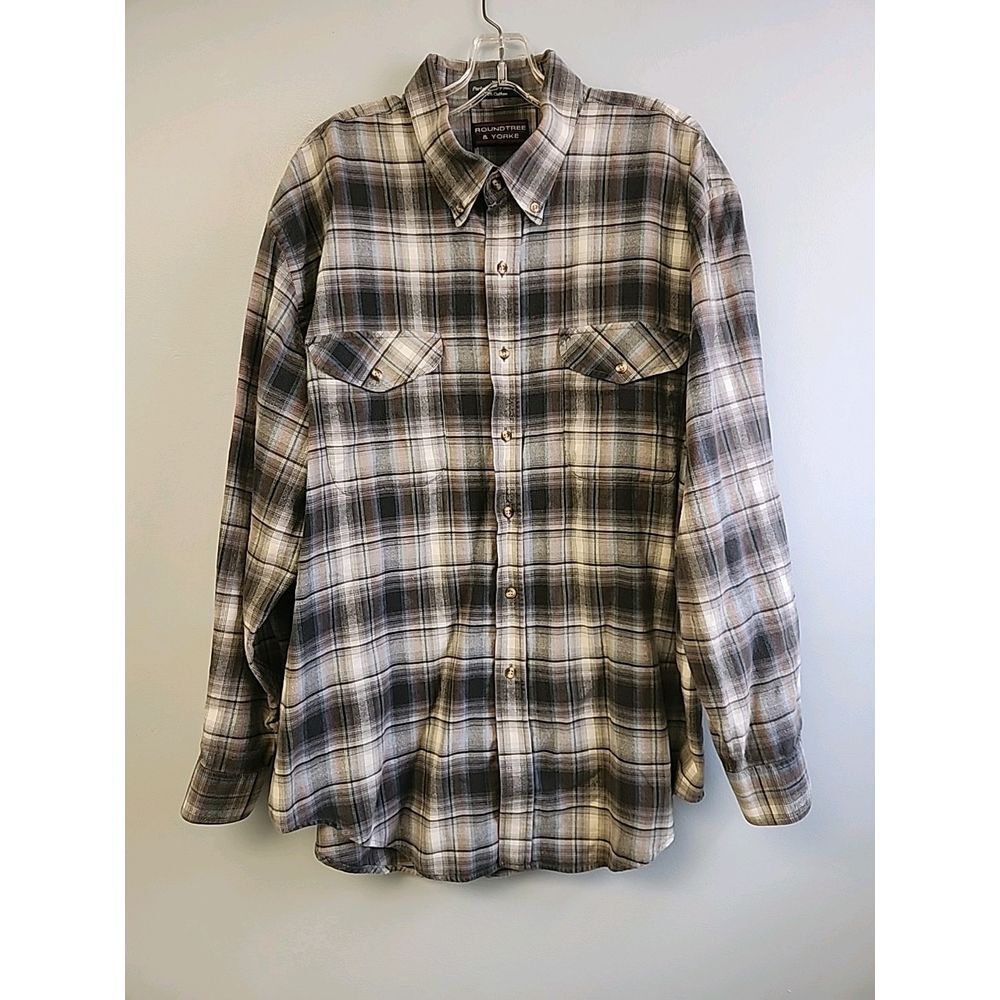 Roundtree & Yorke‎  Plaid Button Up Shirt Men's XL Long Sleeve Gray Multicolor